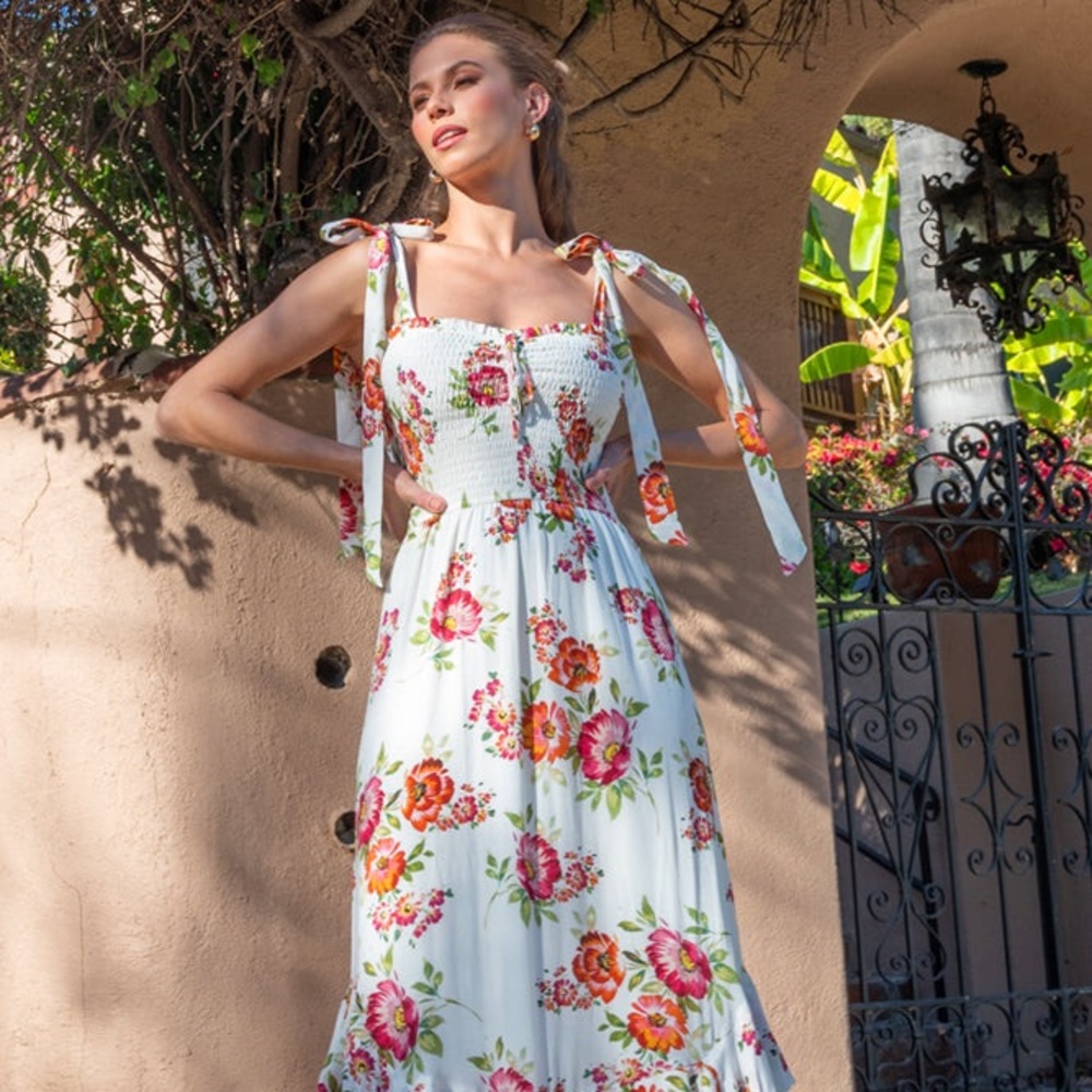 Trisha Dress- midi floral dress with shoulder ties - Picture 1 of 5